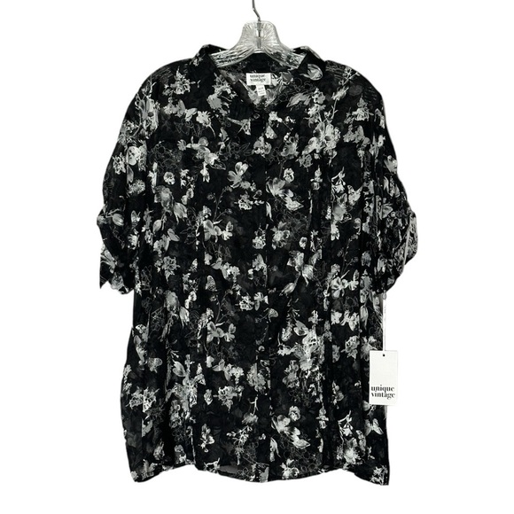 Unique Vintage Sheer Button Down Shirt 5X NWT Black Floral Embroidery Tie Sleeve - Picture 1 of 9
